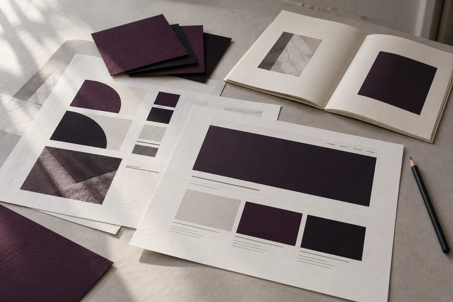 Illustration éditoriale de planches d’identité et d’un prototype de site, dans les couleurs de CATHERINE